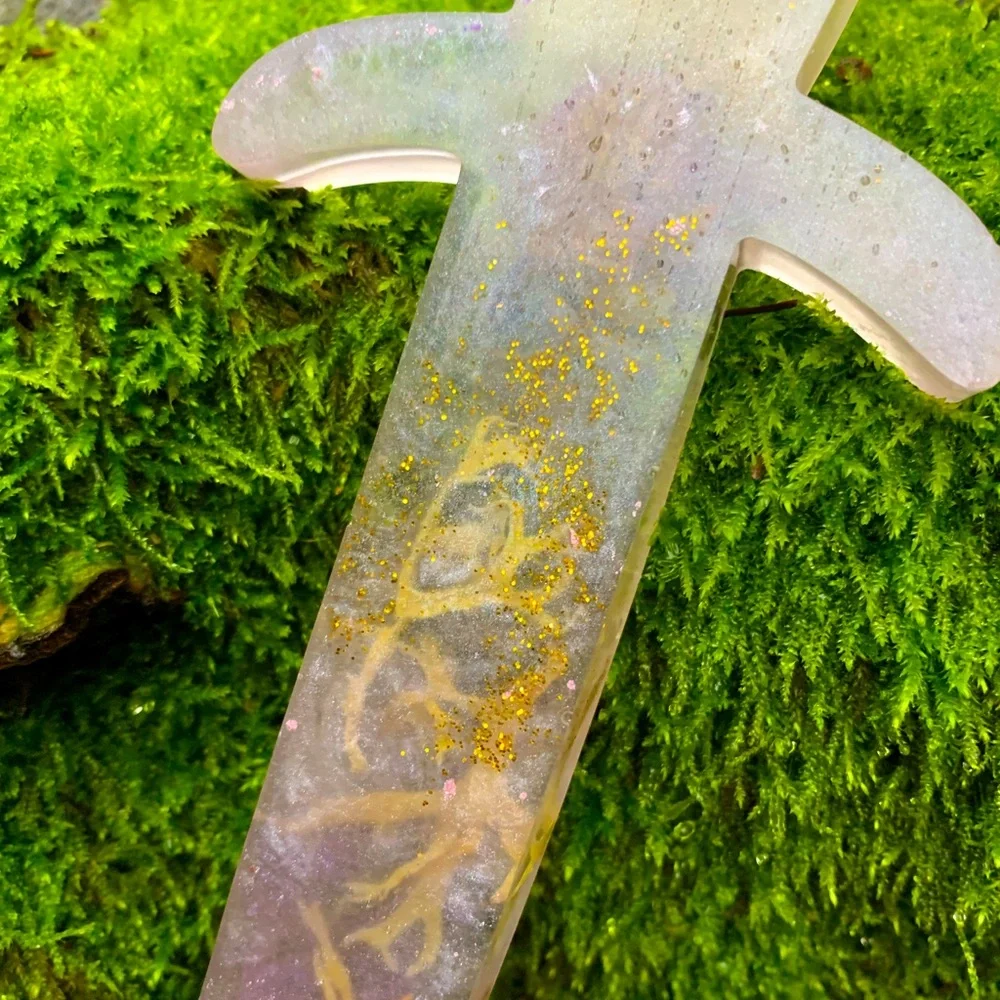 Pink clover and lichen resin dagger wall hanging